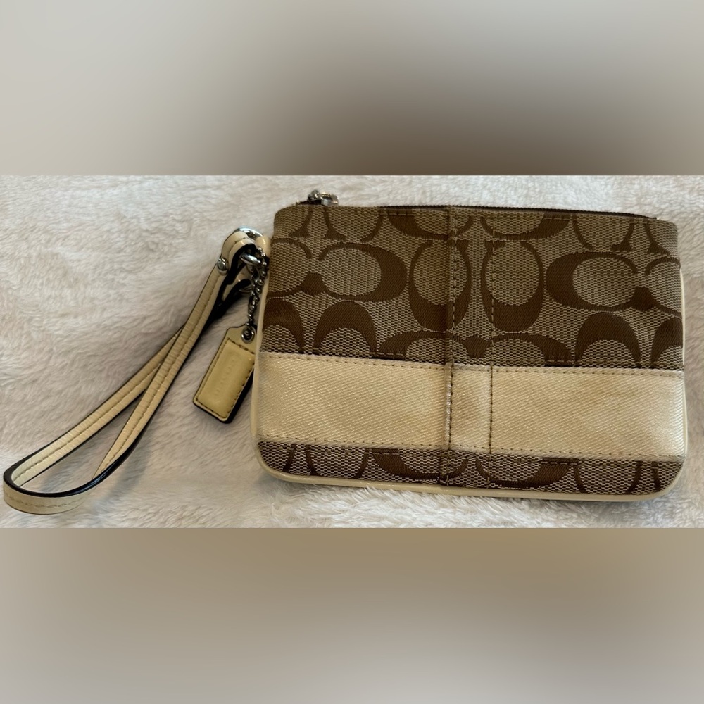 Coach Signature Brown and Cream Wristlet